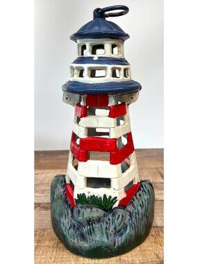 Vintage Cast Iron Lighthouse Candle Holder Red White & Blue Nautical Decor